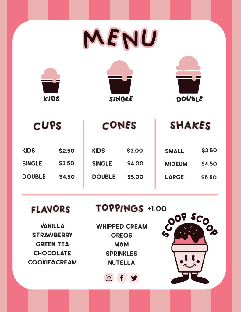 Menu for an ice cream truck called Scoop Scoop